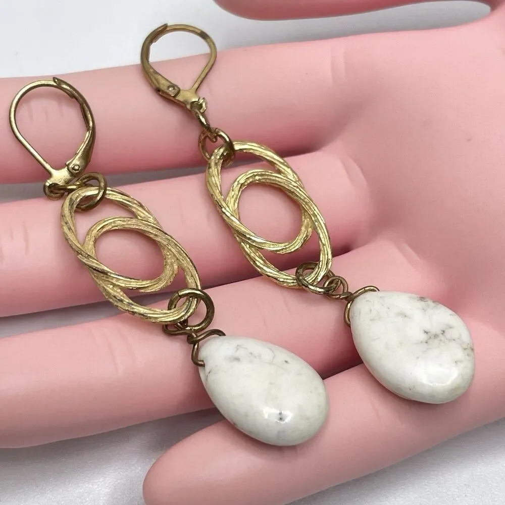 Vintage Gold Tone Textured Look Stone Dangle Earrings Leverback Boho Timeless